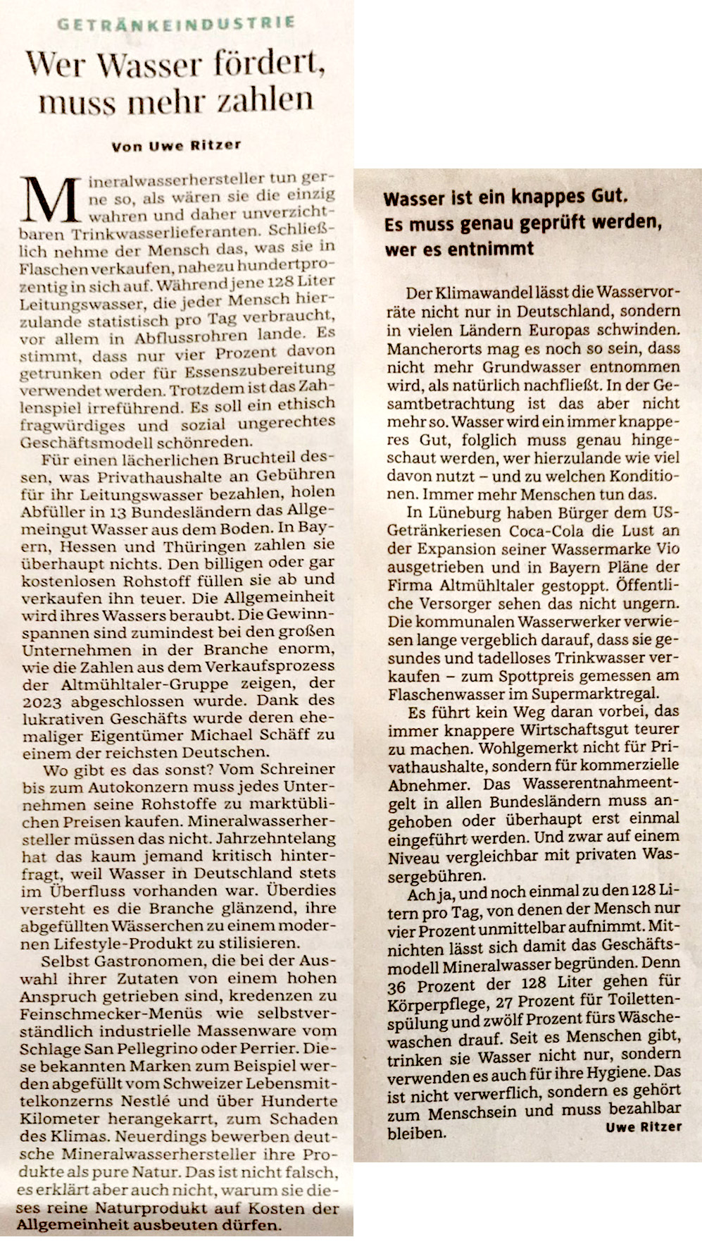 Wasser muss mehr Wert sein fordert Uwe Ritzer in der Süddeutschen Zeitung vom 07.08.2023