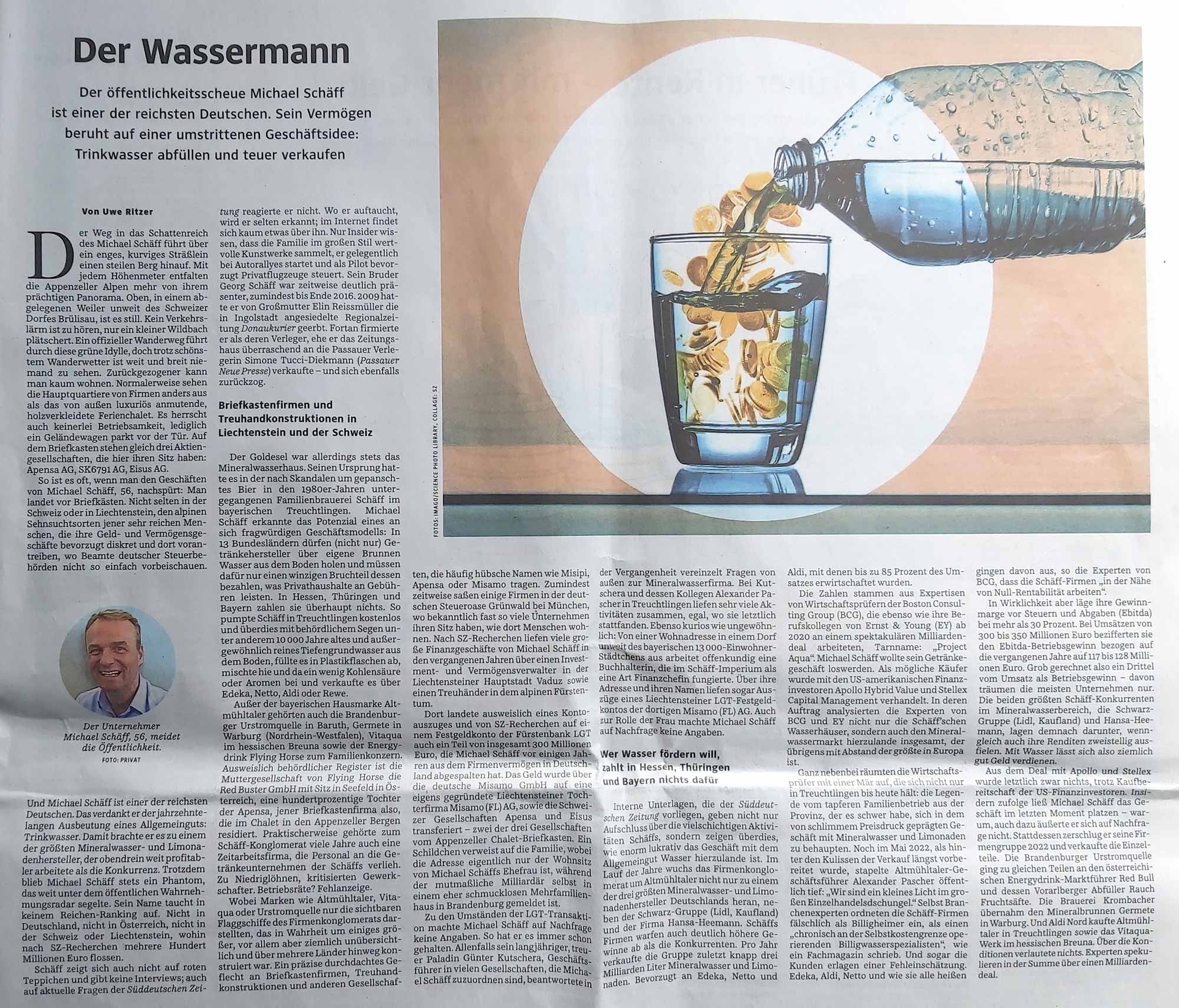 Artikel von Uwe Ritzer in der Süddeutschen Zeitung vom 05.08.2023 zum Thema, wie man mit Mineralwasser erstaunlich viel Geld verdienen kann